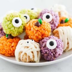 Halloween rice krispie treats on a plate.