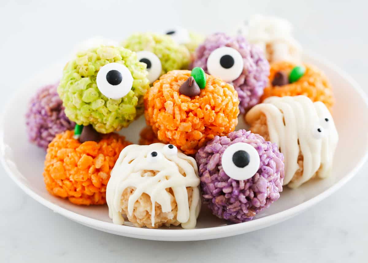 Halloween rice krispie treats on a plate.
