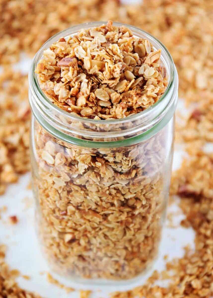 Granola in a glass jar.