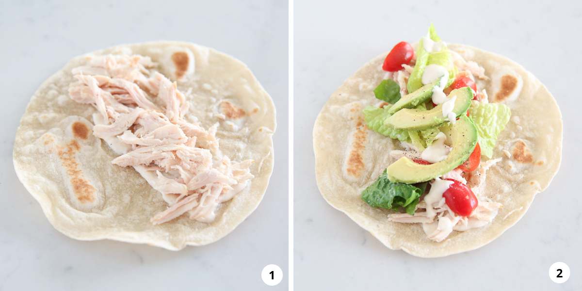 Showing how to make a chicken caesar wrap.