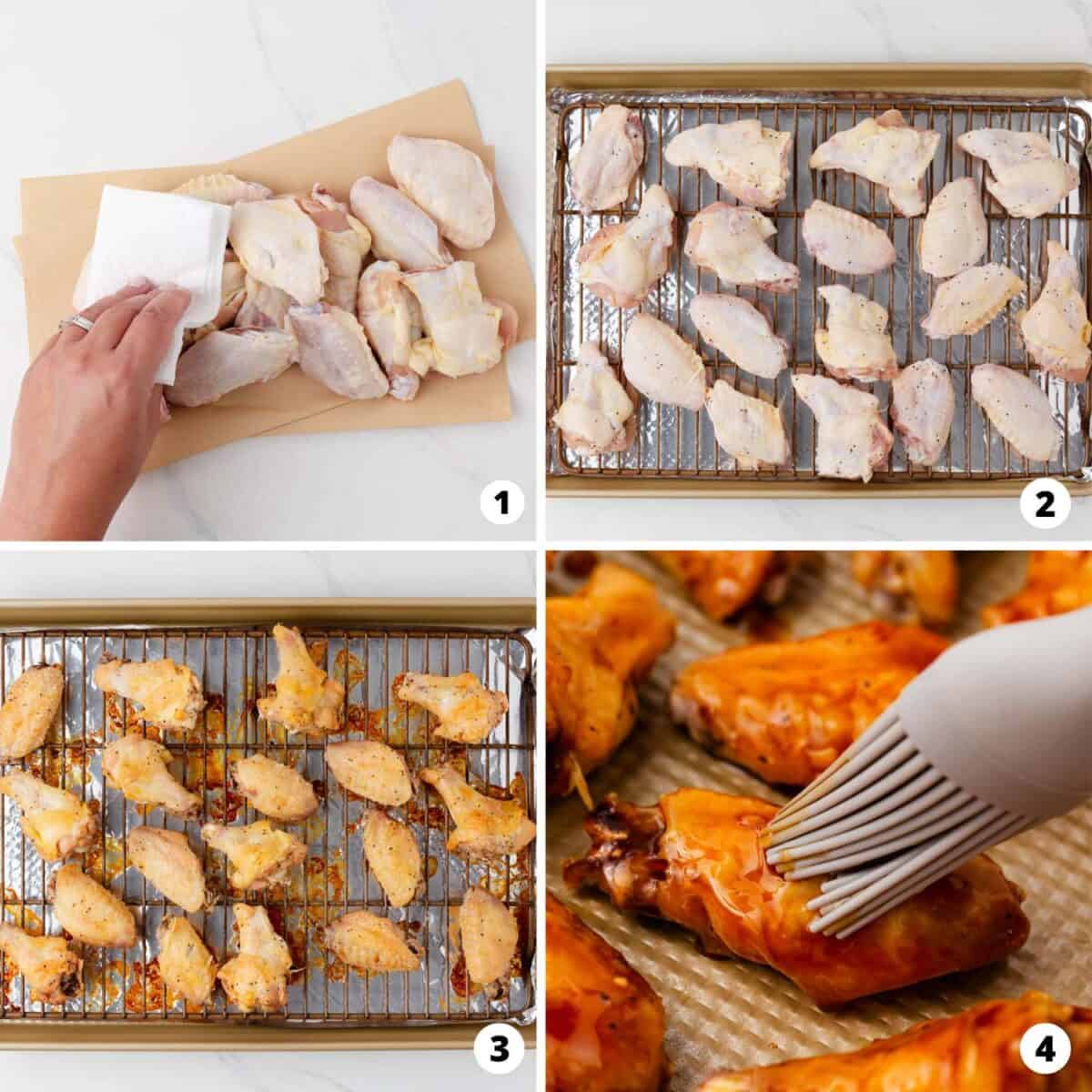Showing how o make baked chicken wings in a 4 step collage.