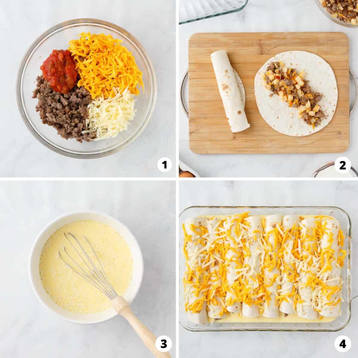 Showing how to make breakfast enchiladas in a 4 step collage. 