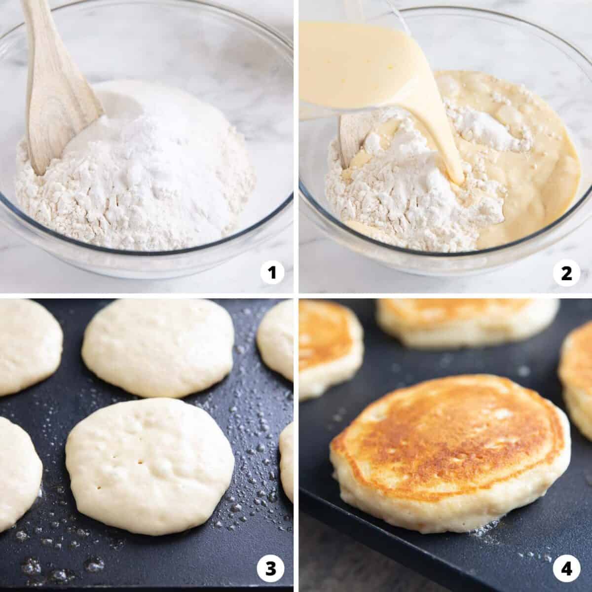 Showing how to make buttermilk pancakes in a 4 step collage.