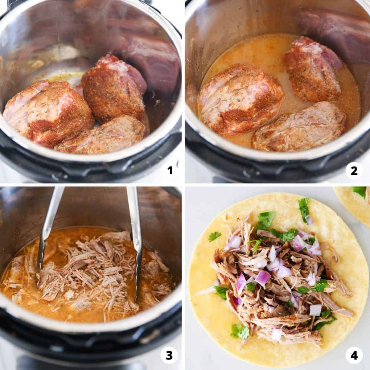 Showing how to make carnitas tacos in a 4 step collage.