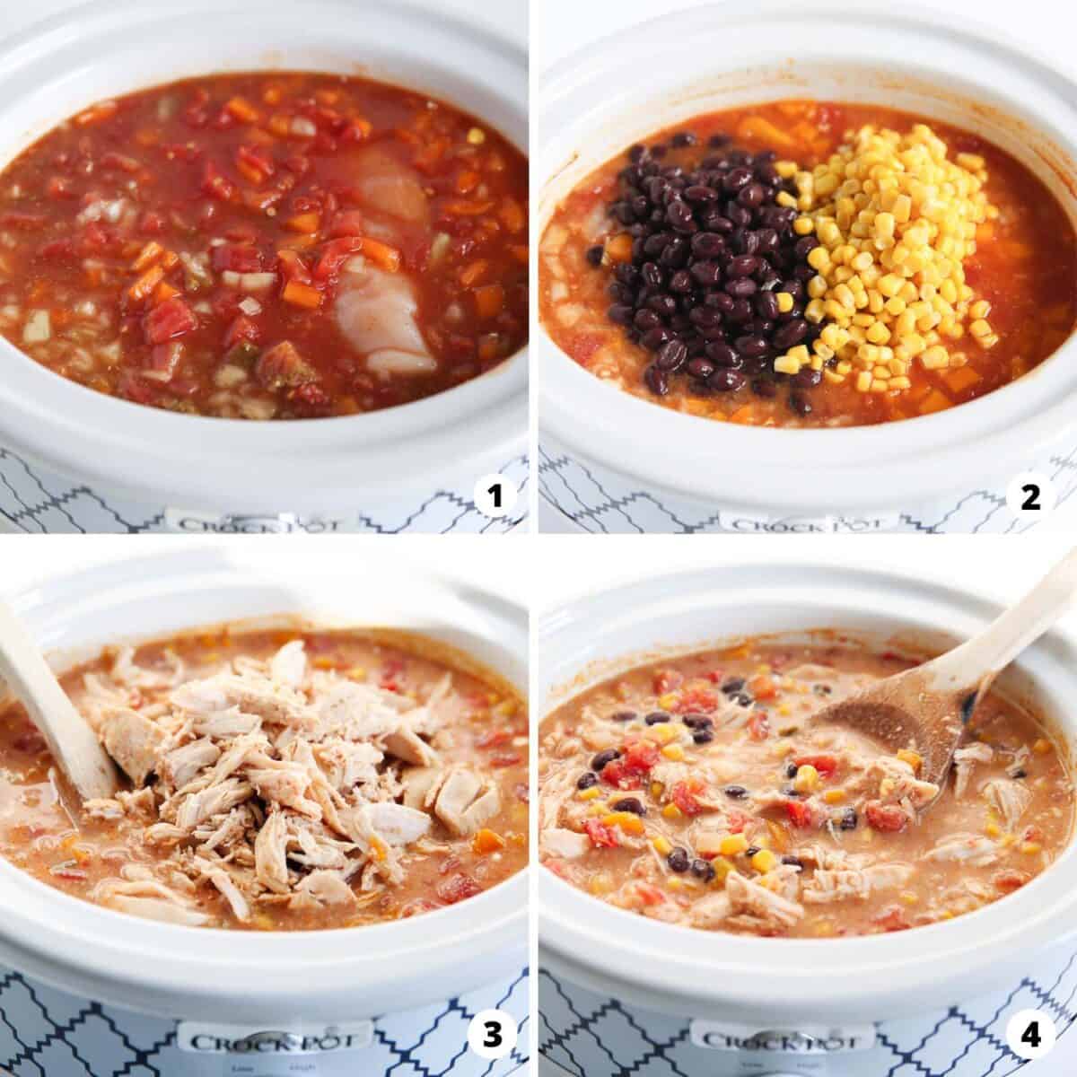 Showing how to make chicken enchilada soup in a 4 step collage.