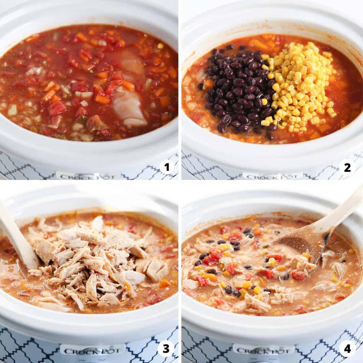 Showing how to make chicken enchilada soup in a 4 step collage.