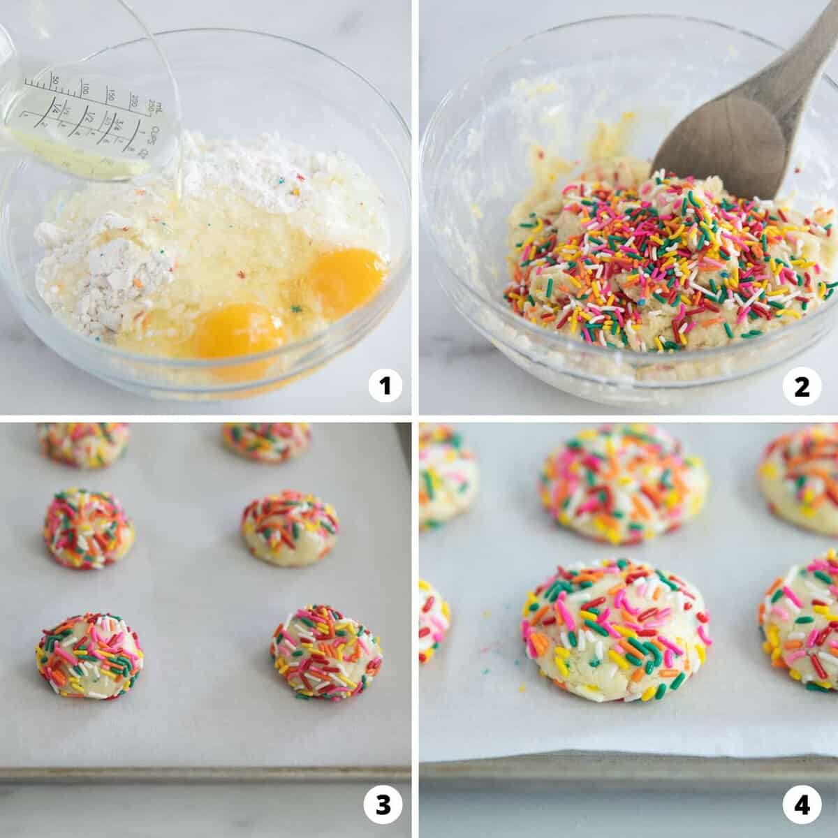 Showing how to make cake mix cookies in a 4 step collage.