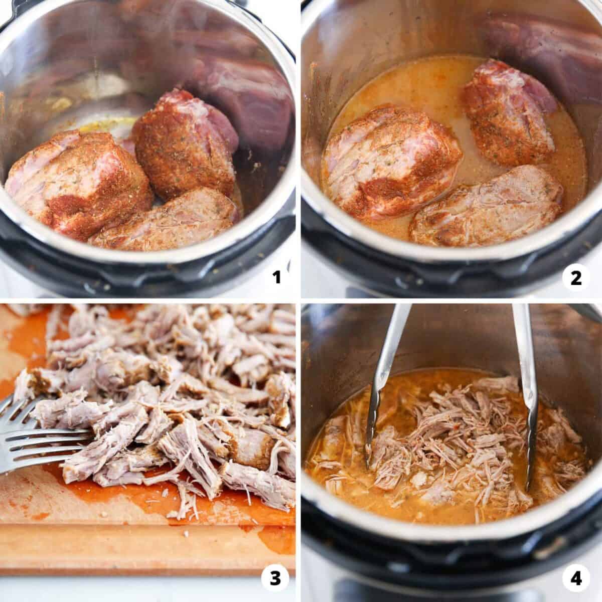 Showing how to cook instant pot carnitas in a 4 step collage.
