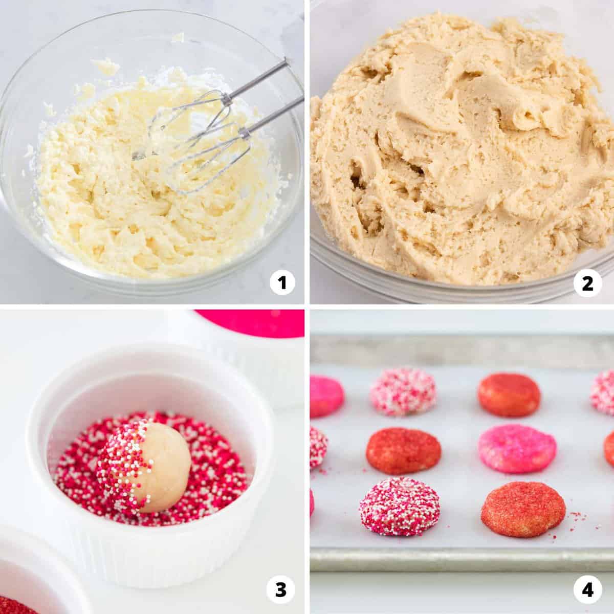 The process of making Valentine's sugar cookies in a four step collage. 