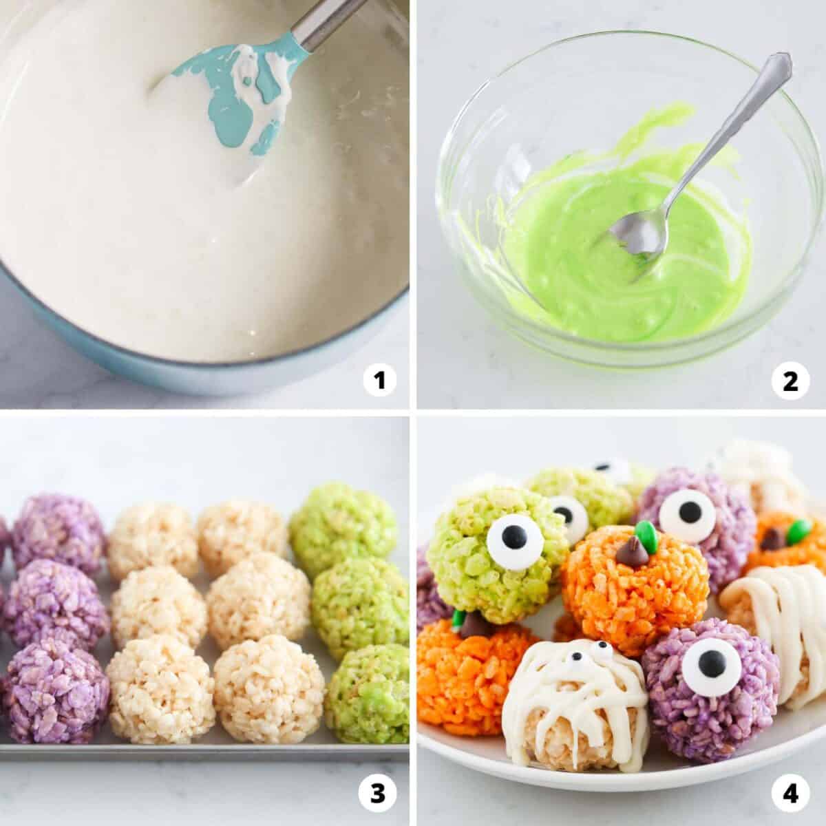 Showing how to make Halloween rice krispie treats in a 4 step collage.