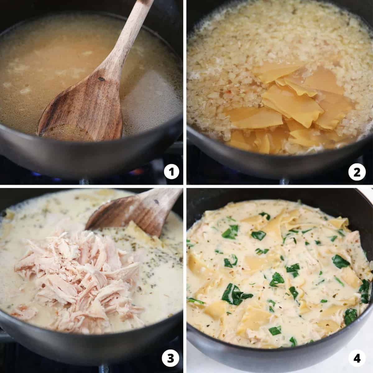 Showing how to make white lasagna soup in a 4 step collage.