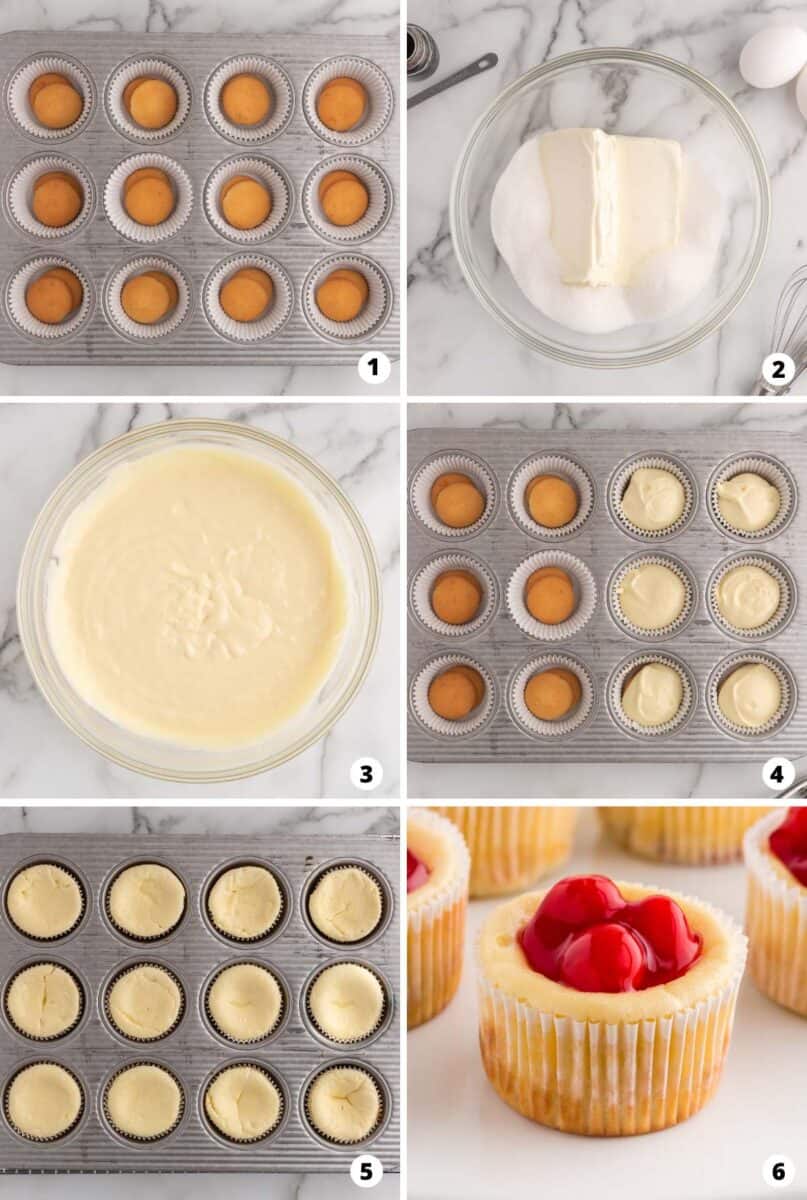 How to make mini cheesecakes in a six step photo collage.