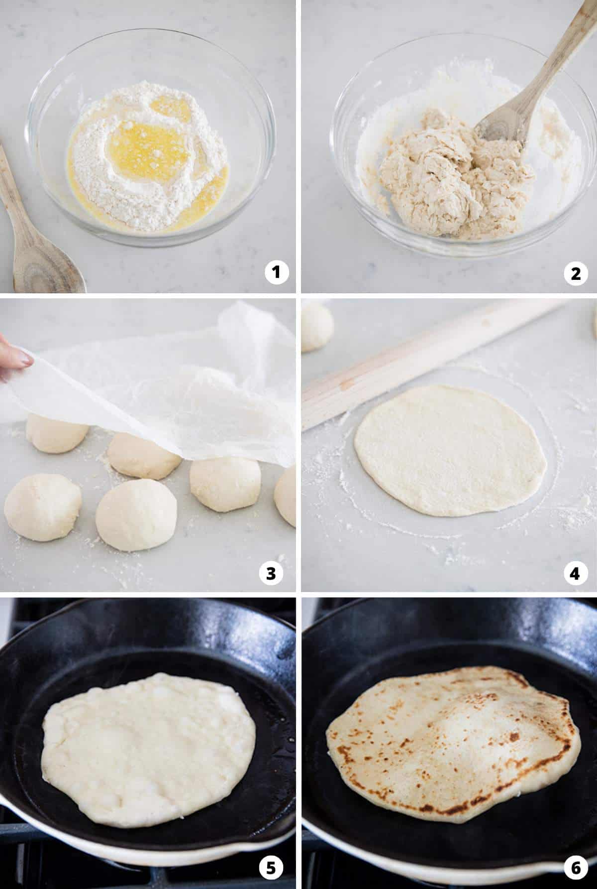 Showing how to make naan in a 6 step collage.