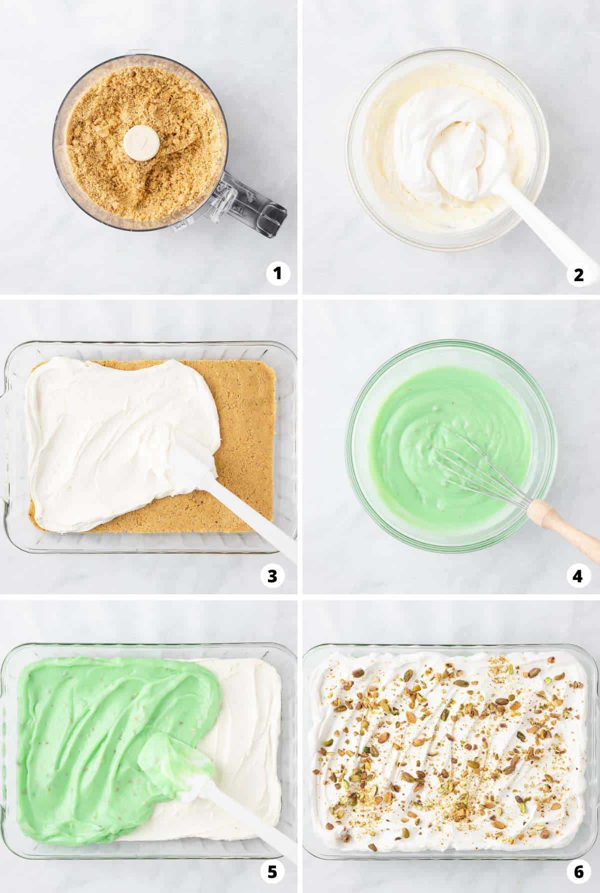 Showing how to make pistachio dessert in a 6 step collage.