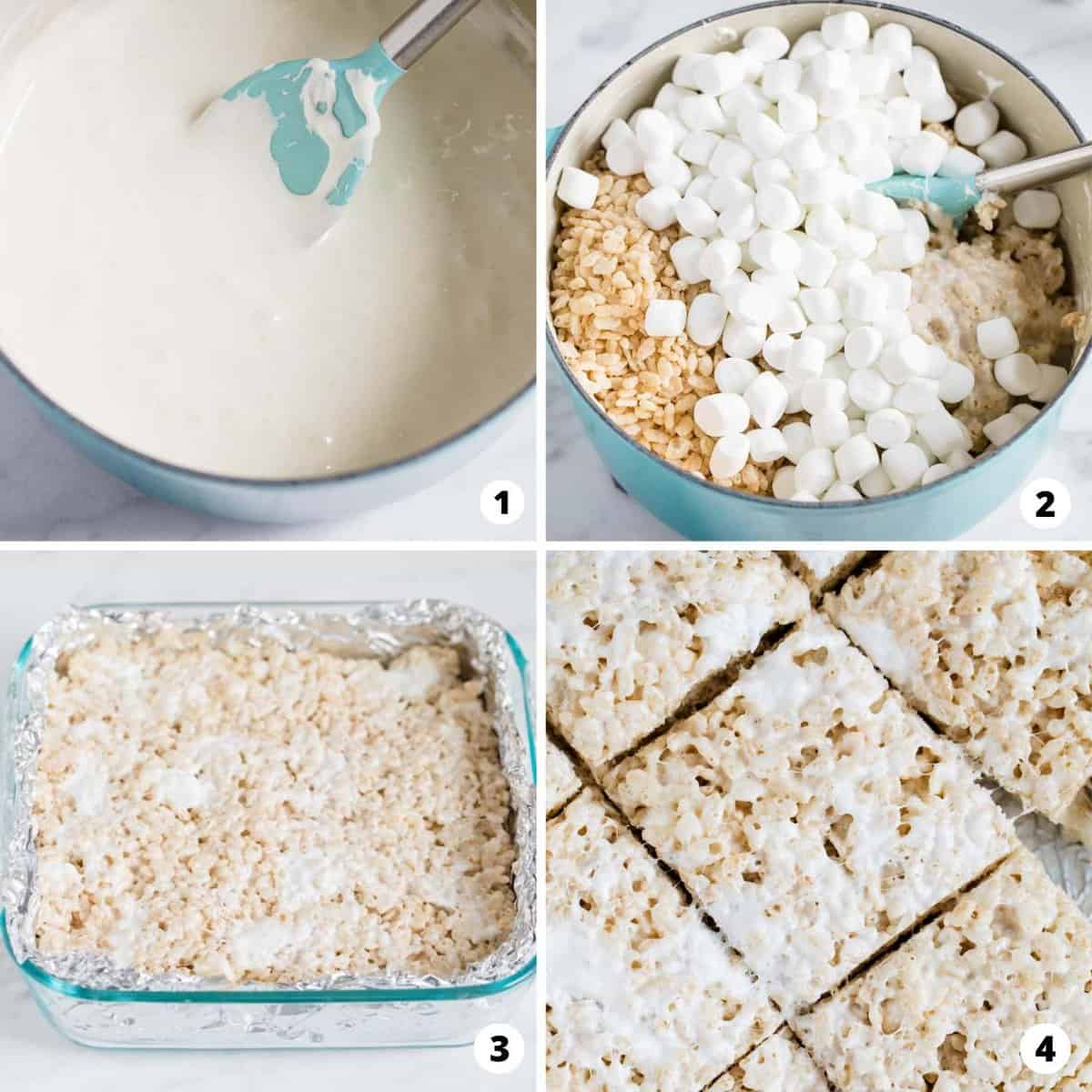 A photo collage of how to make rice krispie treats. 