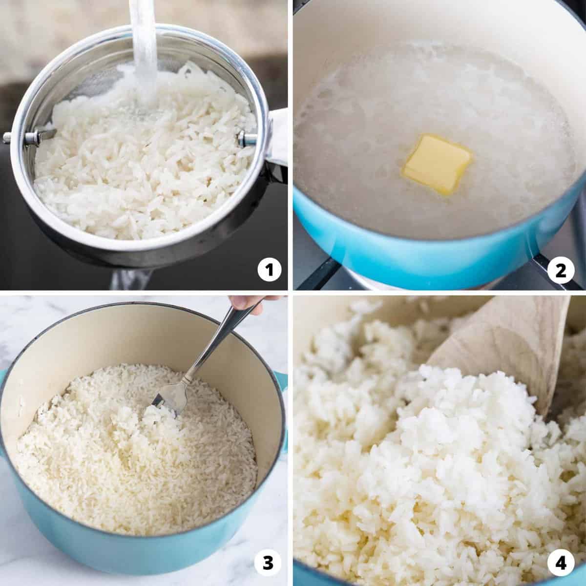 The process of making rice on the stove. 