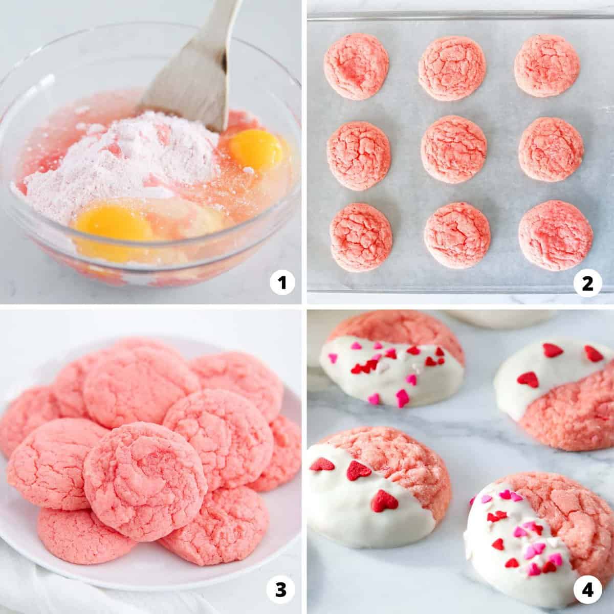 The process of making strawberry cookies in a four step photo collage.