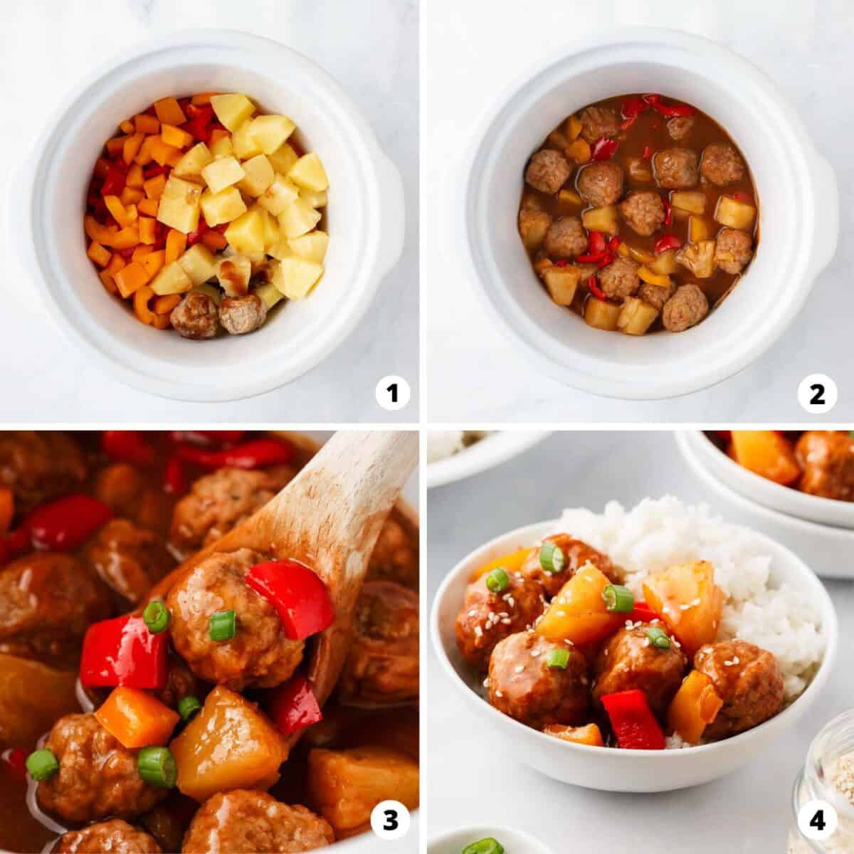Showing how to make hawaiian meatballs in a 4 step collage.