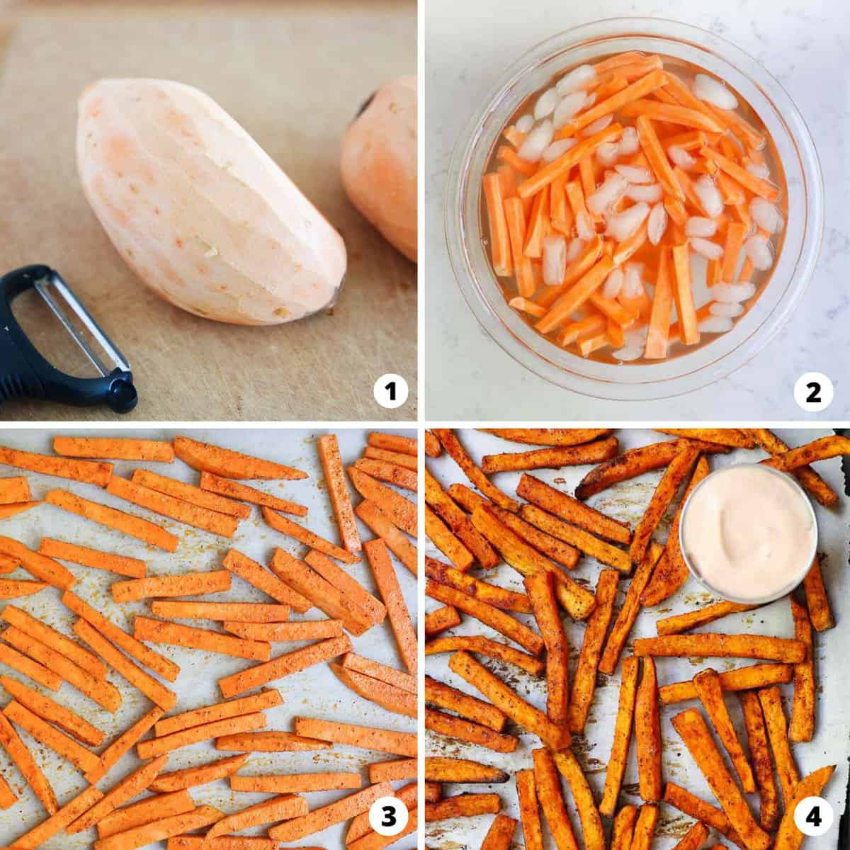 Showing how to make sweet potato fries in a 4 step collage.