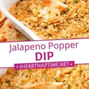 Jalapeno popper dip in white baking dish with pita chip.