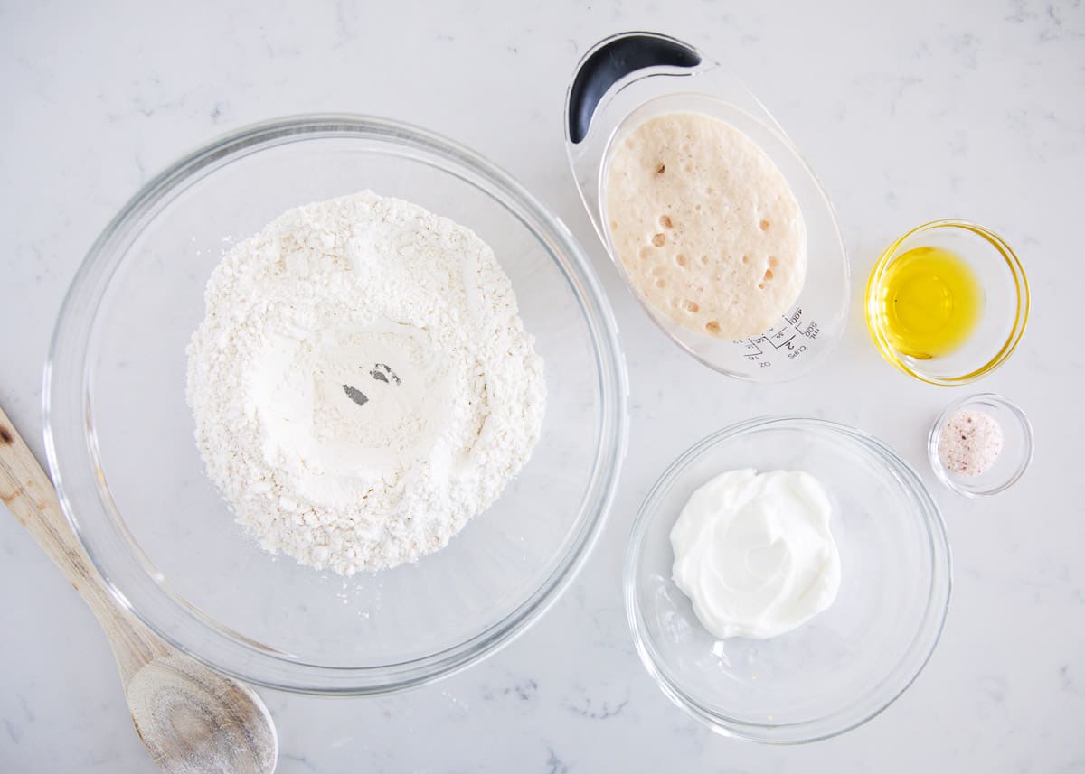 Naan ingredients on counter.