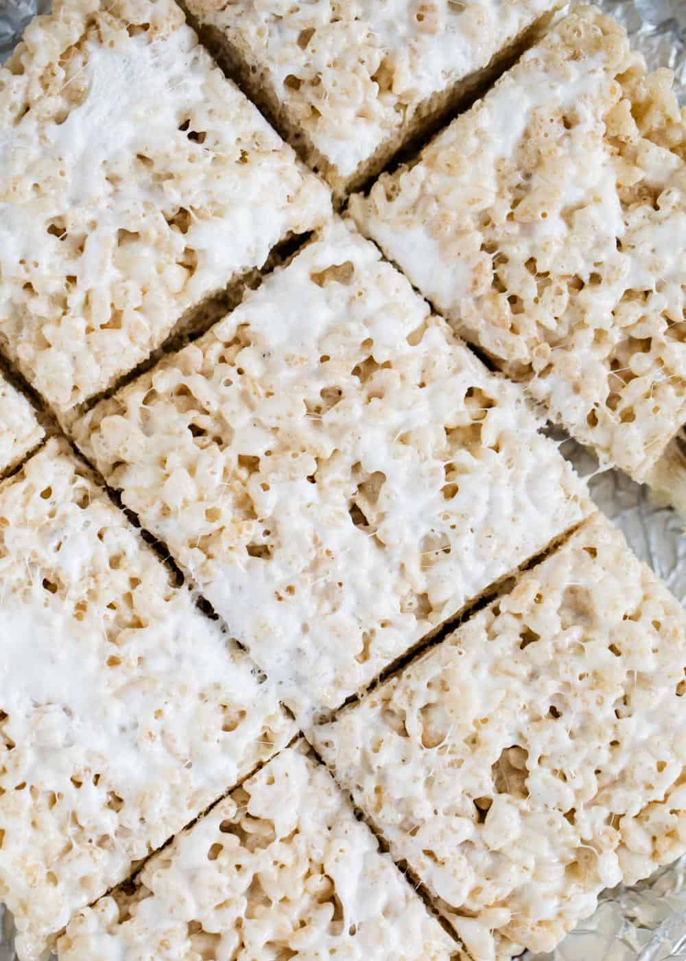 Rice krispie treats cut into squares. 