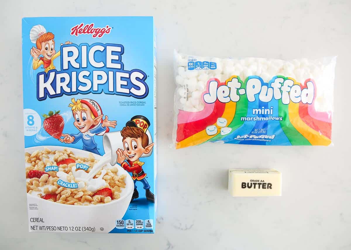 Rice krispie treats ingredients on counter.