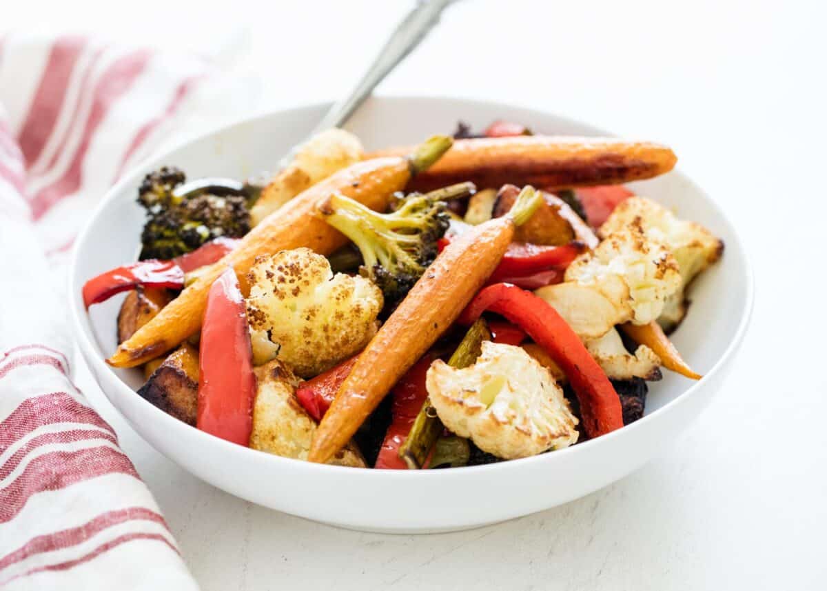 Oven roasted vegetables in a bowl.