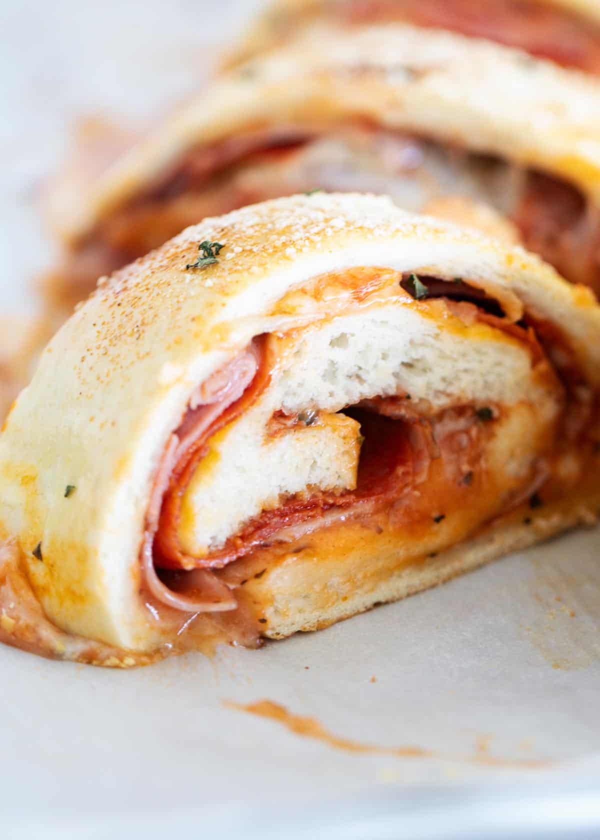 Sliced baked Stromboli. 