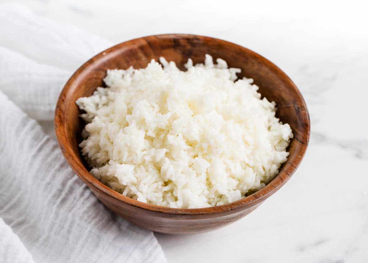 Rice in a wooden bowl. 