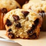 Banana chocolate chip muffin sliced.