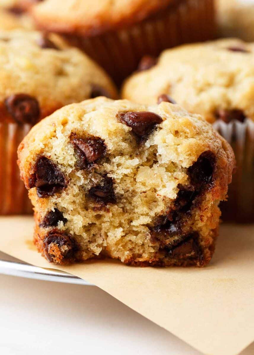 Banana chocolate chip muffin sliced.