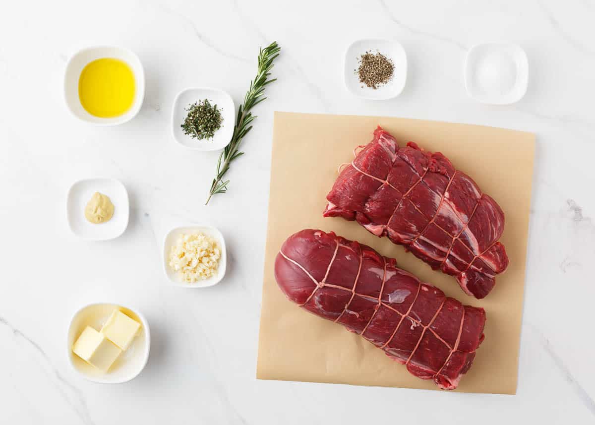 Beef tenderloin ingredients on counter.