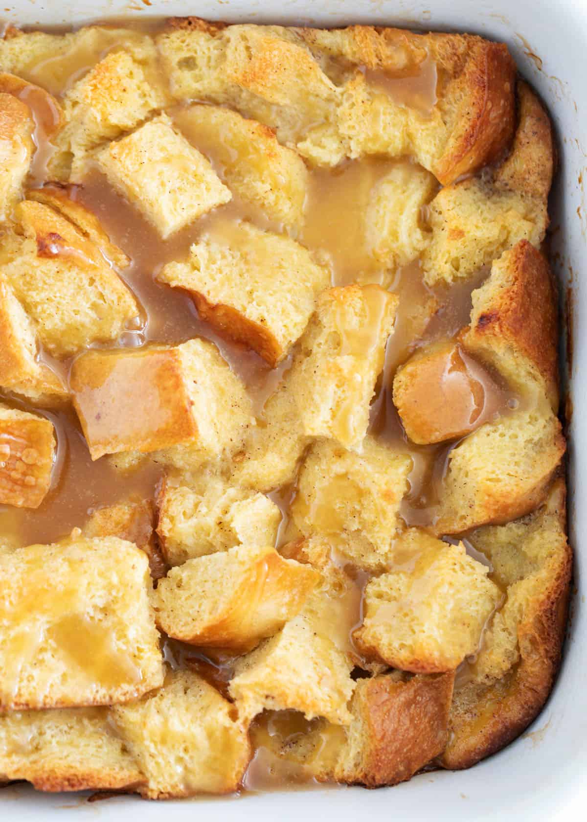 Bread pudding with caramel sauce over top. 