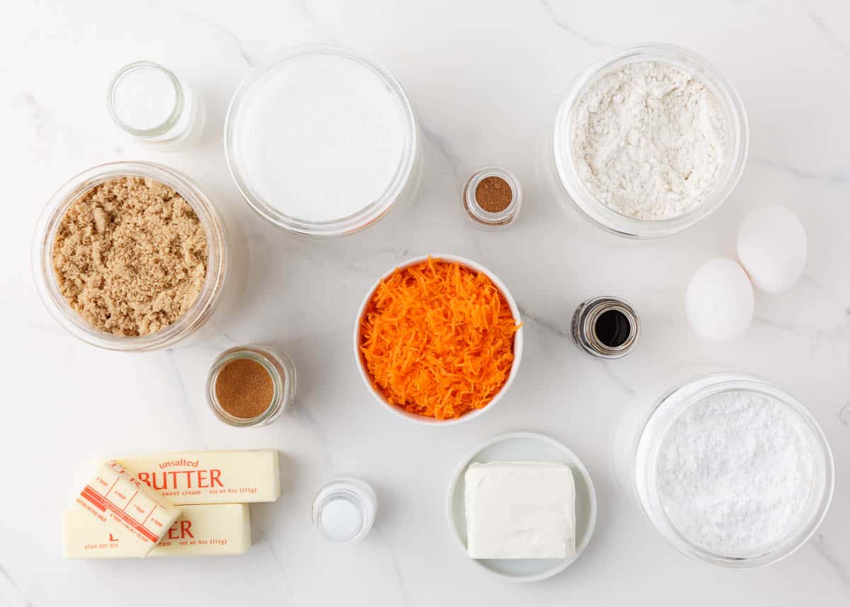 Carrot cake ingredients on counter.