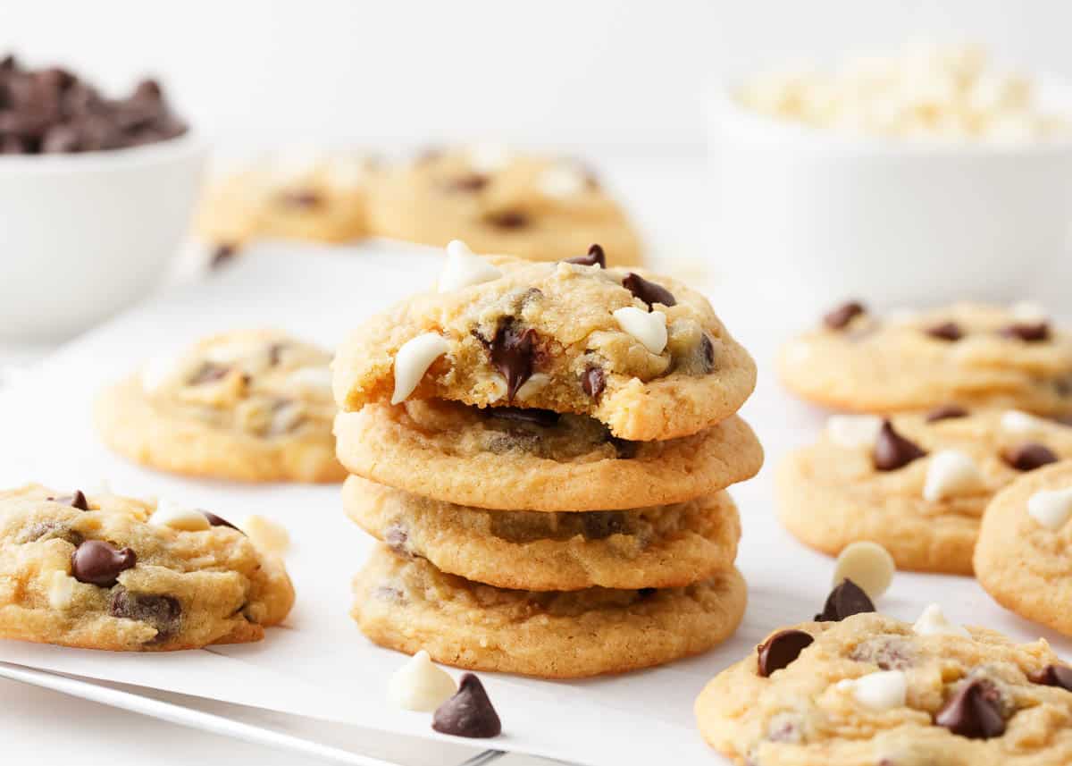 A stack of pudding cookies with chocolate chips. 