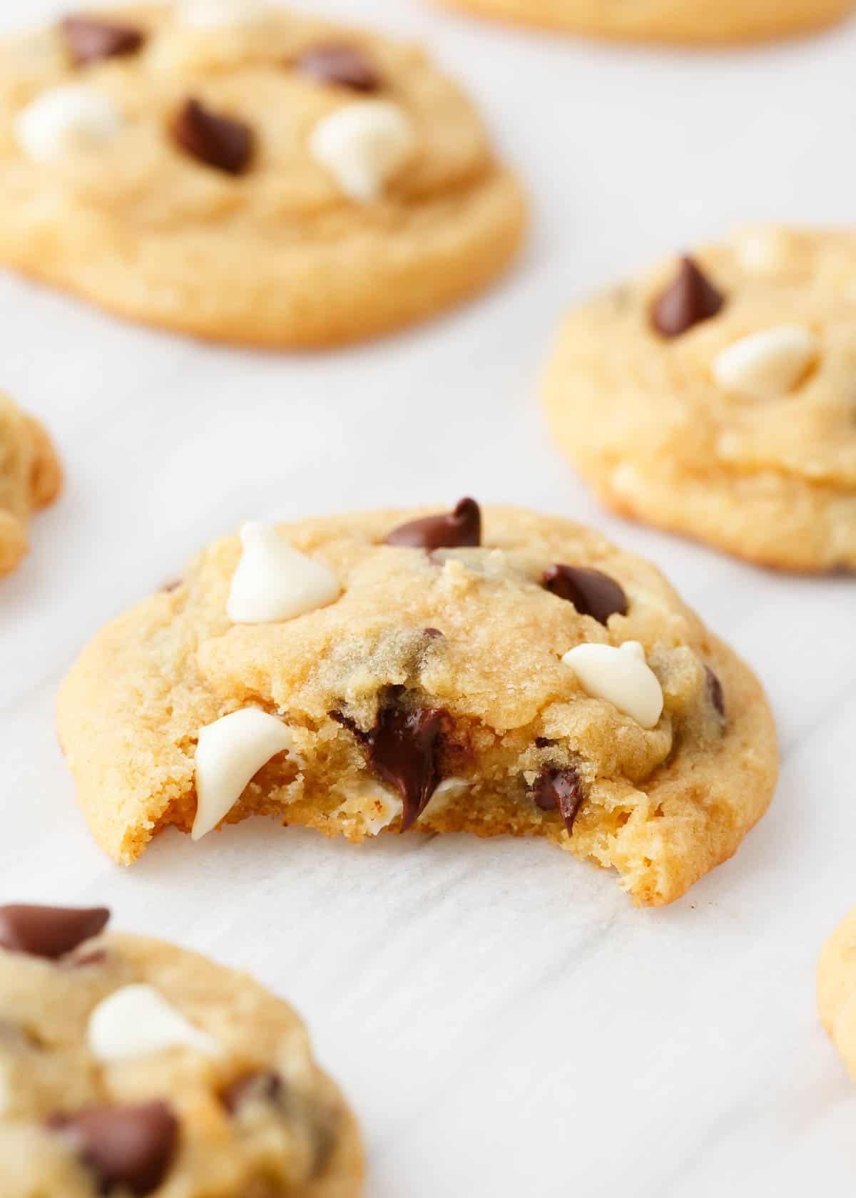 Chocolate chip pudding cookies on the counter.