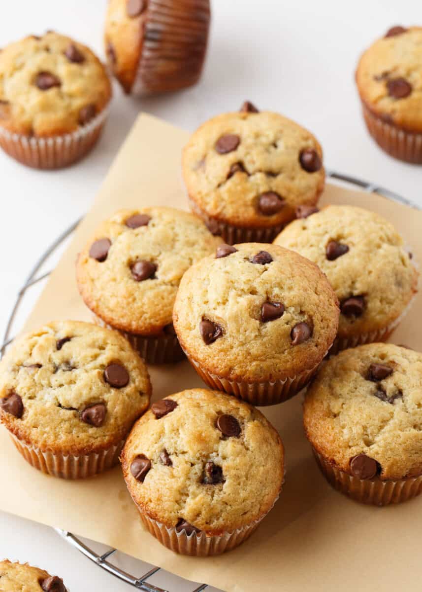 Chocolate chip banana muffins on counter.