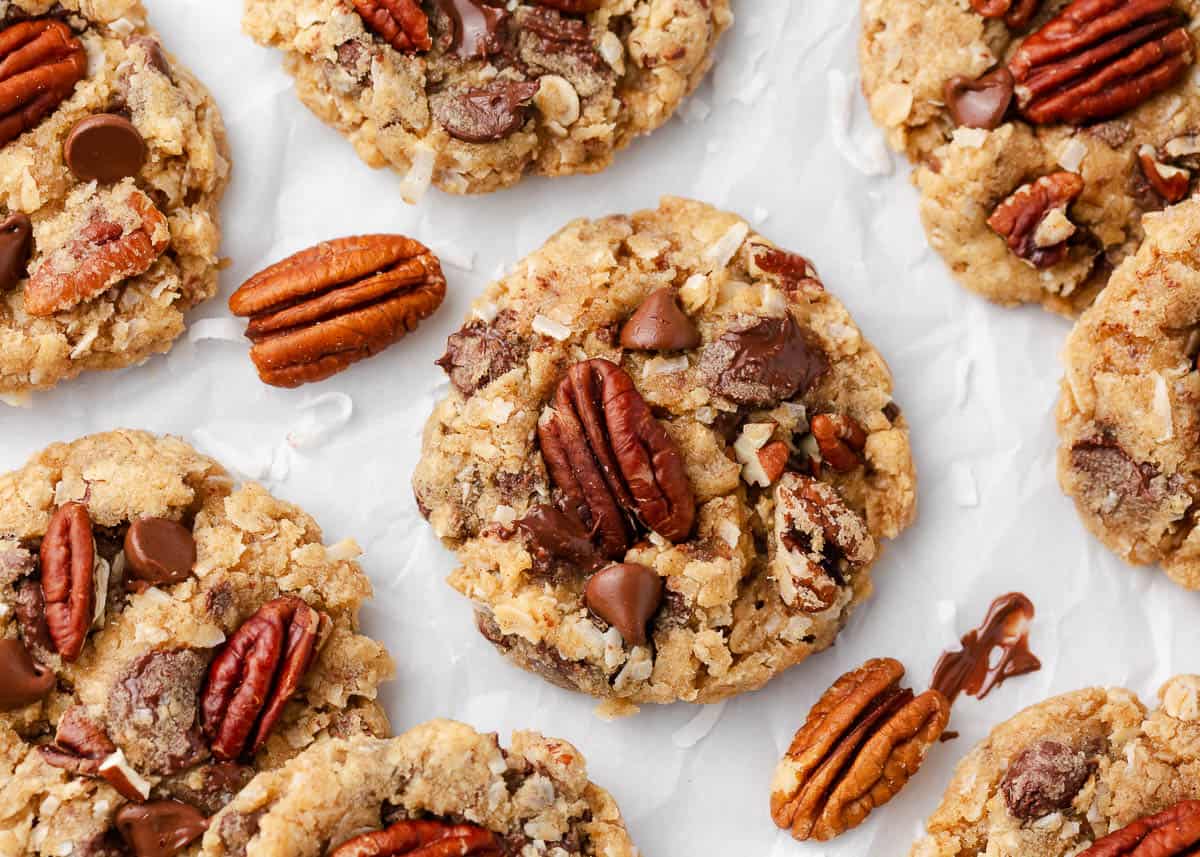 Cowboy cookies and pecans on the counter.