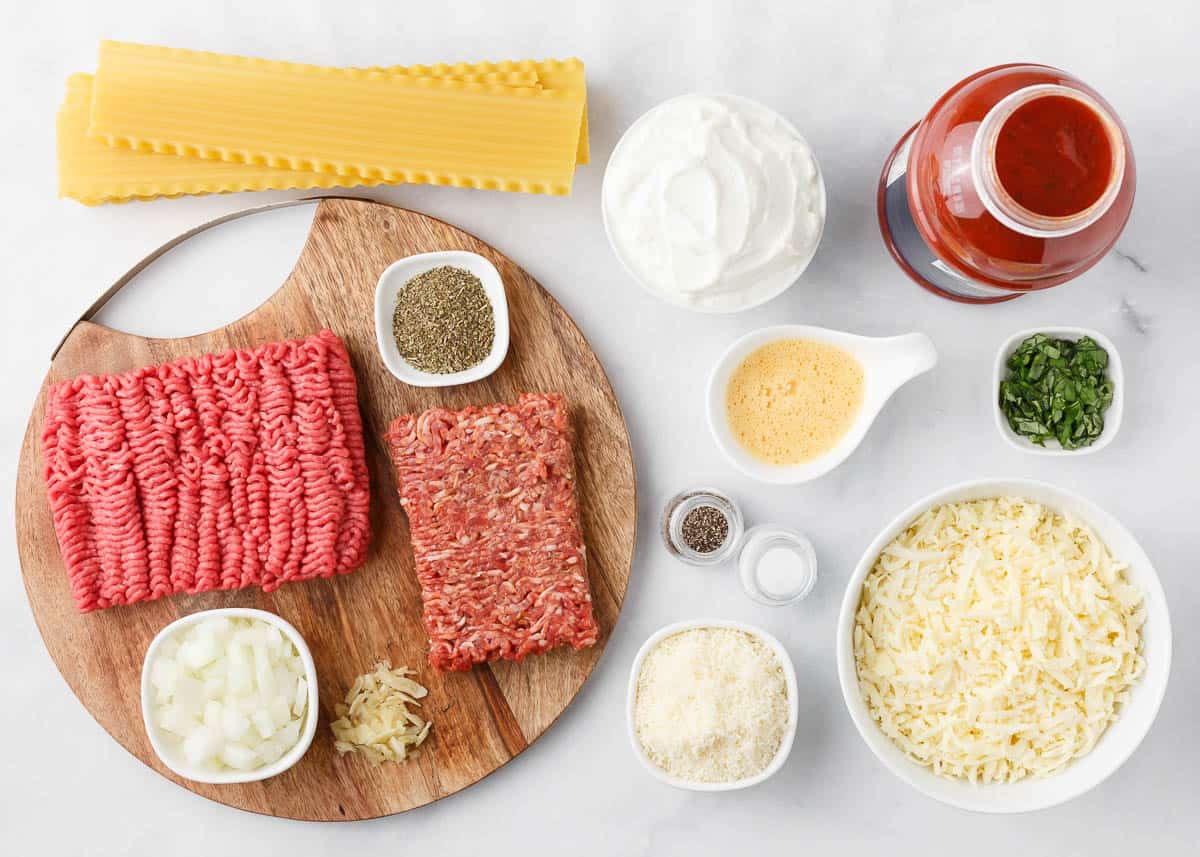 Lasagna ingredients on counter.