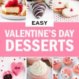 A collage of recipe photos with Valentine's Day desserts.