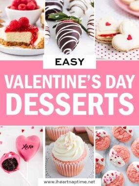 A collage of recipe photos with Valentine's Day desserts.