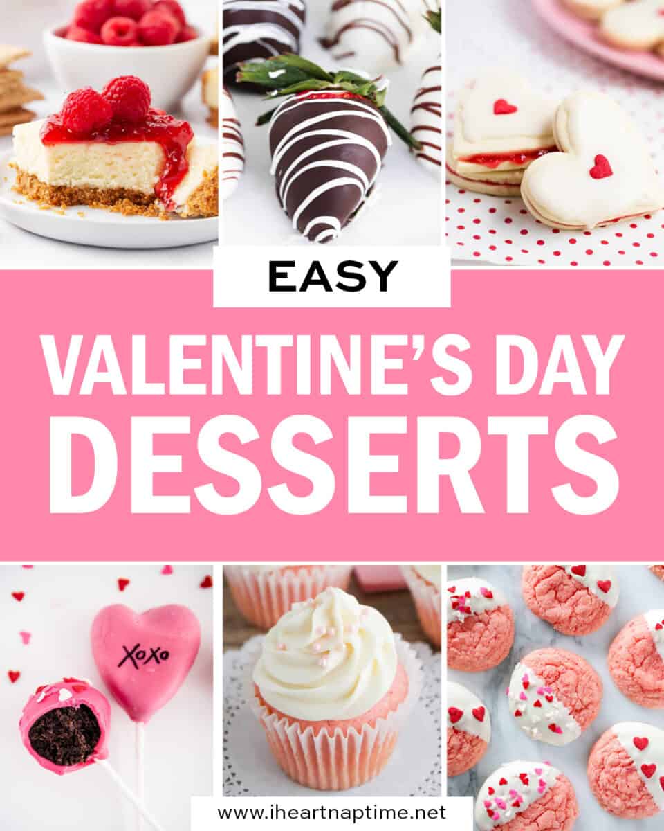 A collage of recipe photos with Valentine's Day desserts. 