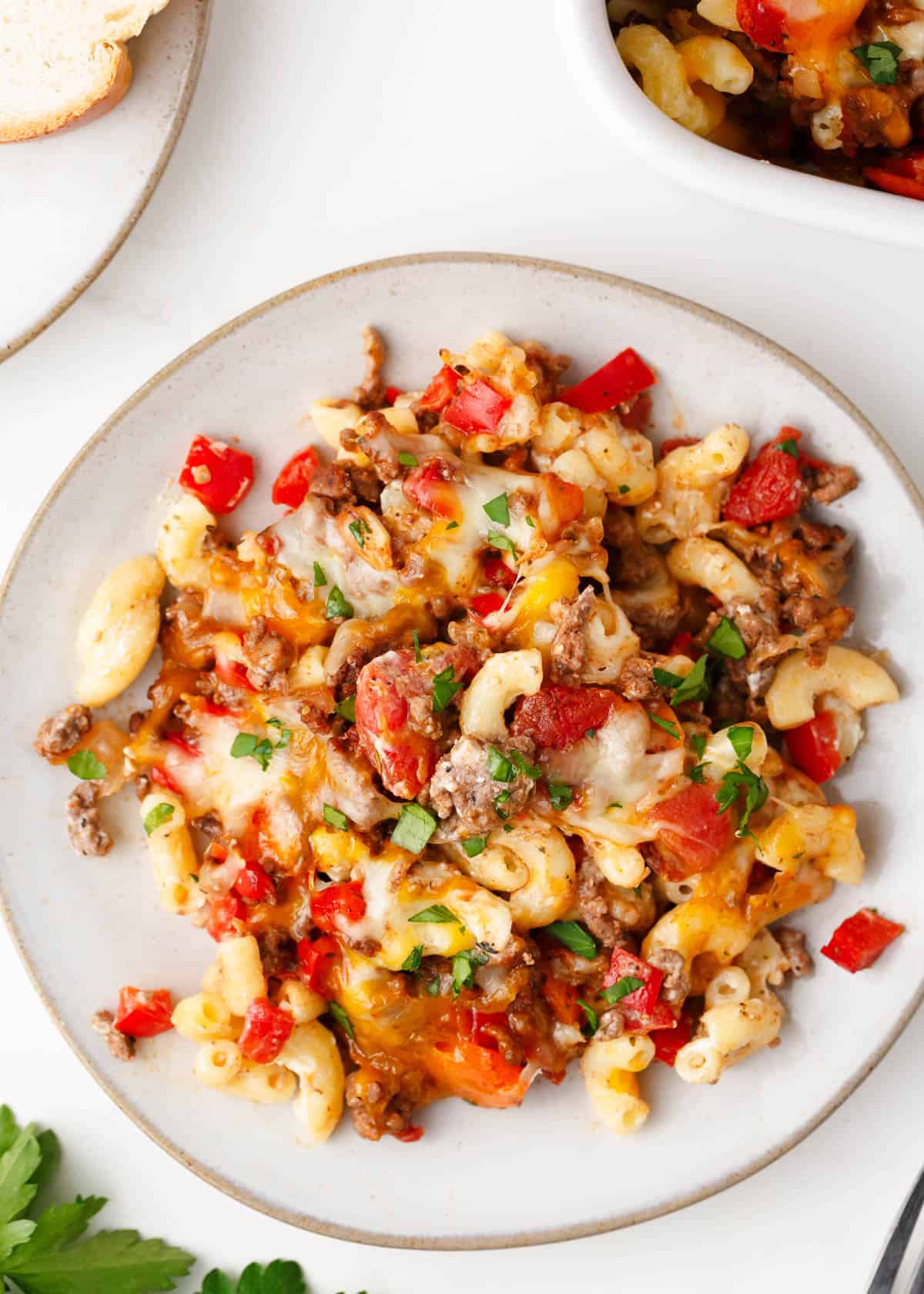 Hamburger casserole on a white plate.