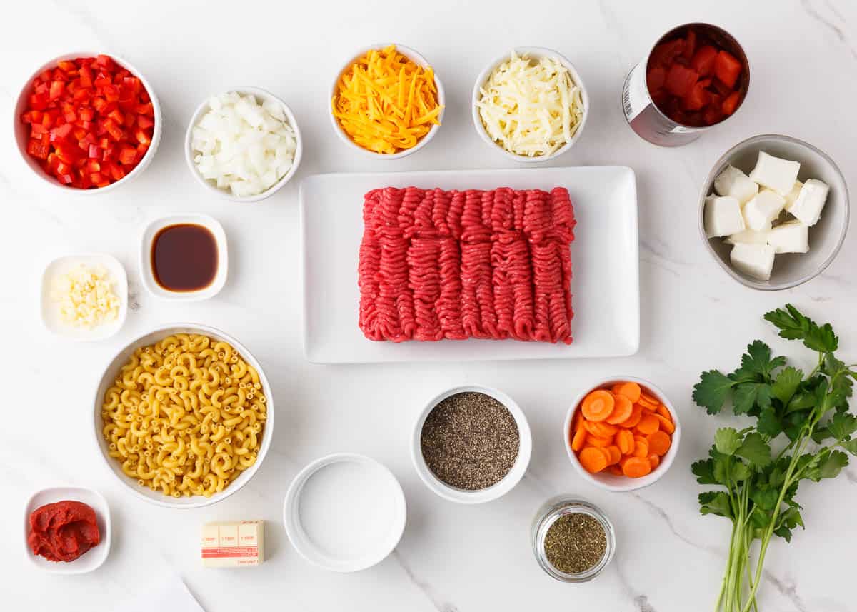 Hamburger casserole ingredients on counter.