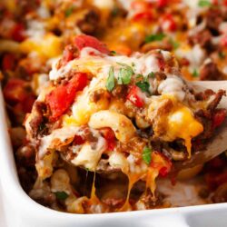 Spoonful of hamburger casserole.