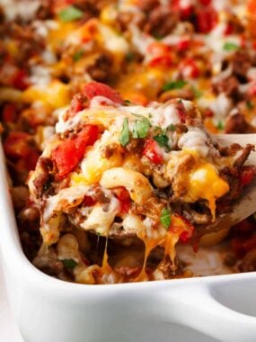 Spoonful of hamburger casserole.