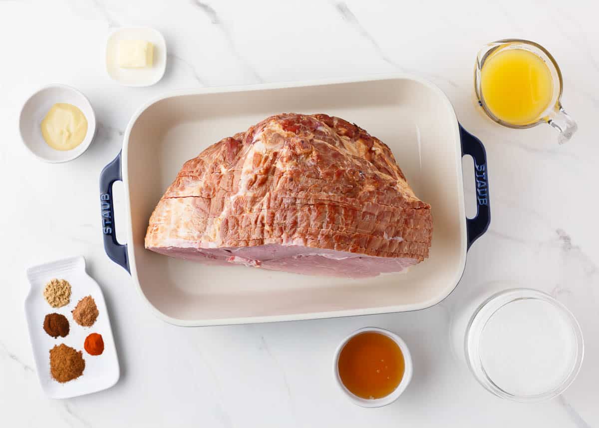 Honey baked ham ingredients on counter. 