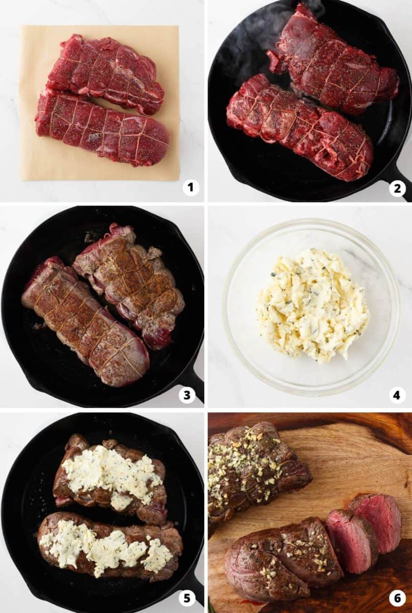 Showing how to cook beef tenderloin in a 6 step collage.