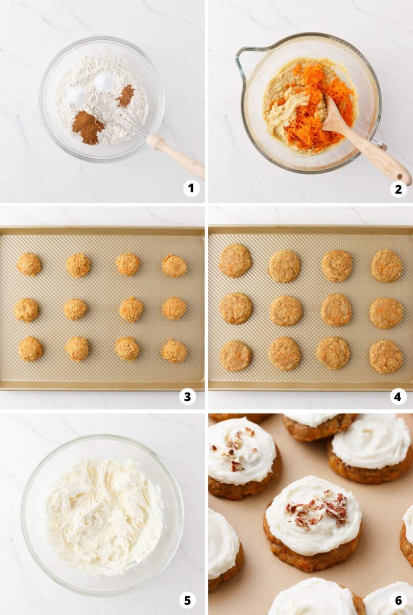 6 adımlık bir kolajda havuçlu kek kurabiyesinin nasıl yapıldığını gösteriyor. 